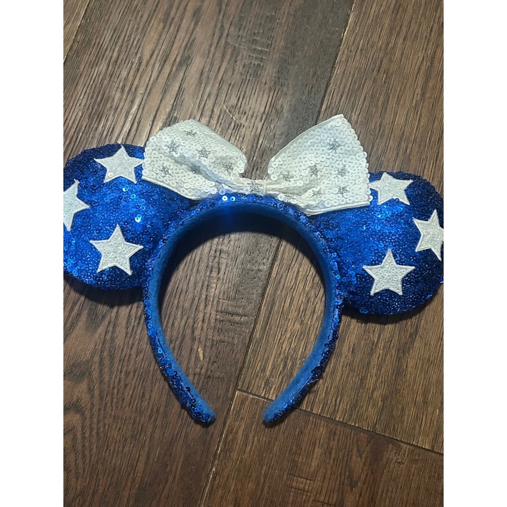 Disney Parks Minnie Mouse Blue Sequin Star Ears Headband White Sequin Bow